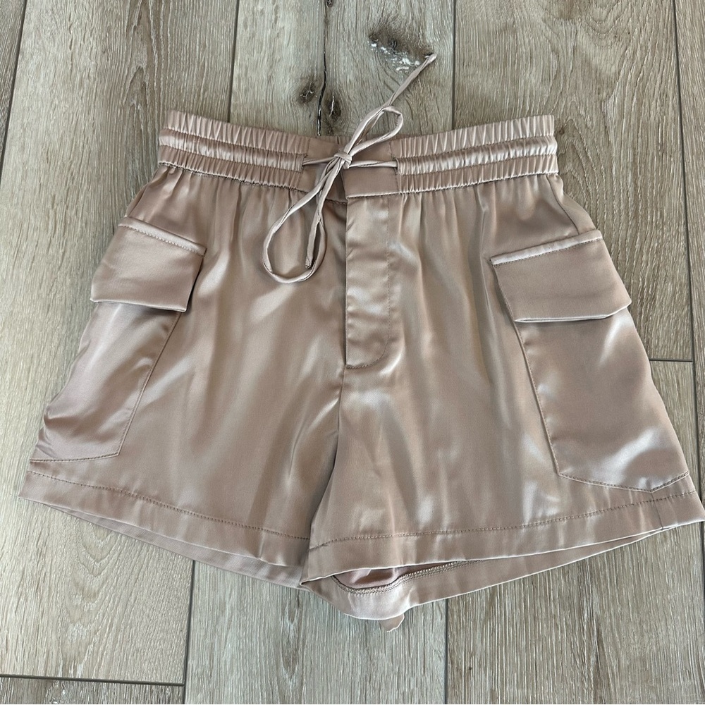 Vici Dee Elly Tan Silky Cargo Shorts Pockets Tie Waist Boxer Shorts XS